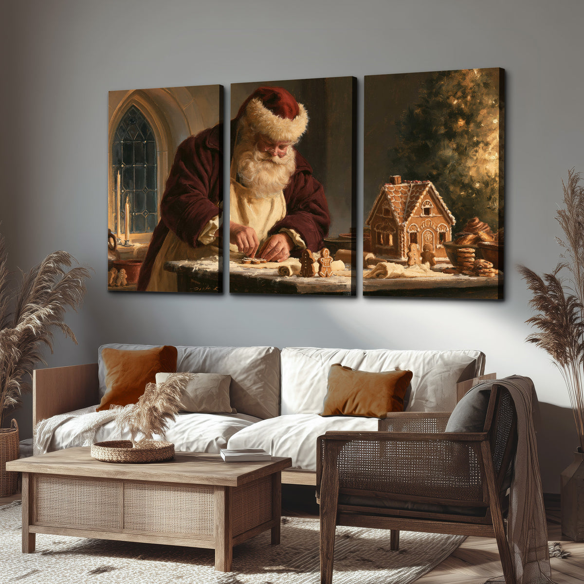 Santa shaping a gingerbread creation at a worktable beside a glowing Christmas tree 3 piece canvas wall art displayed in a rustic living room