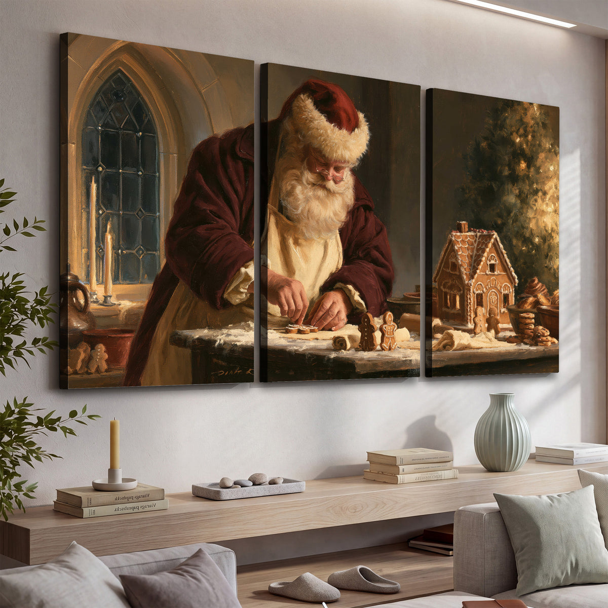 Santa shaping a gingerbread creation at a worktable beside a glowing Christmas tree 3 piece canvas wall art displayed in a console