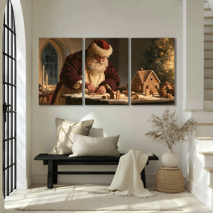 Santa shaping a gingerbread creation at a worktable beside a glowing Christmas tree 3 piece canvas wall art displayed in a entryway