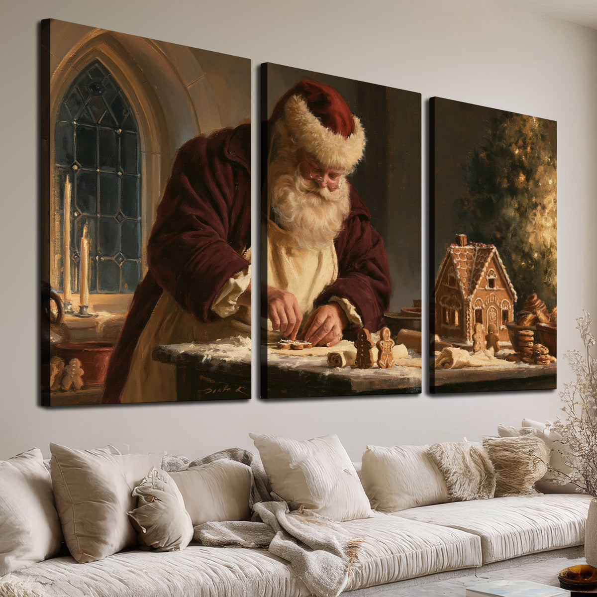 Santa shaping a gingerbread creation at a worktable beside a glowing Christmas tree 3 piece canvas wall art room and product view