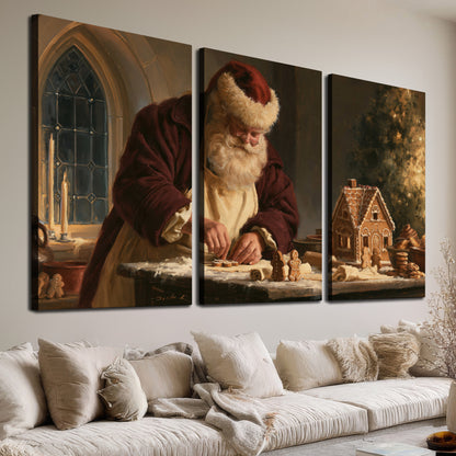 Santa shaping a gingerbread creation at a worktable beside a glowing Christmas tree 3 piece canvas wall art room and product view