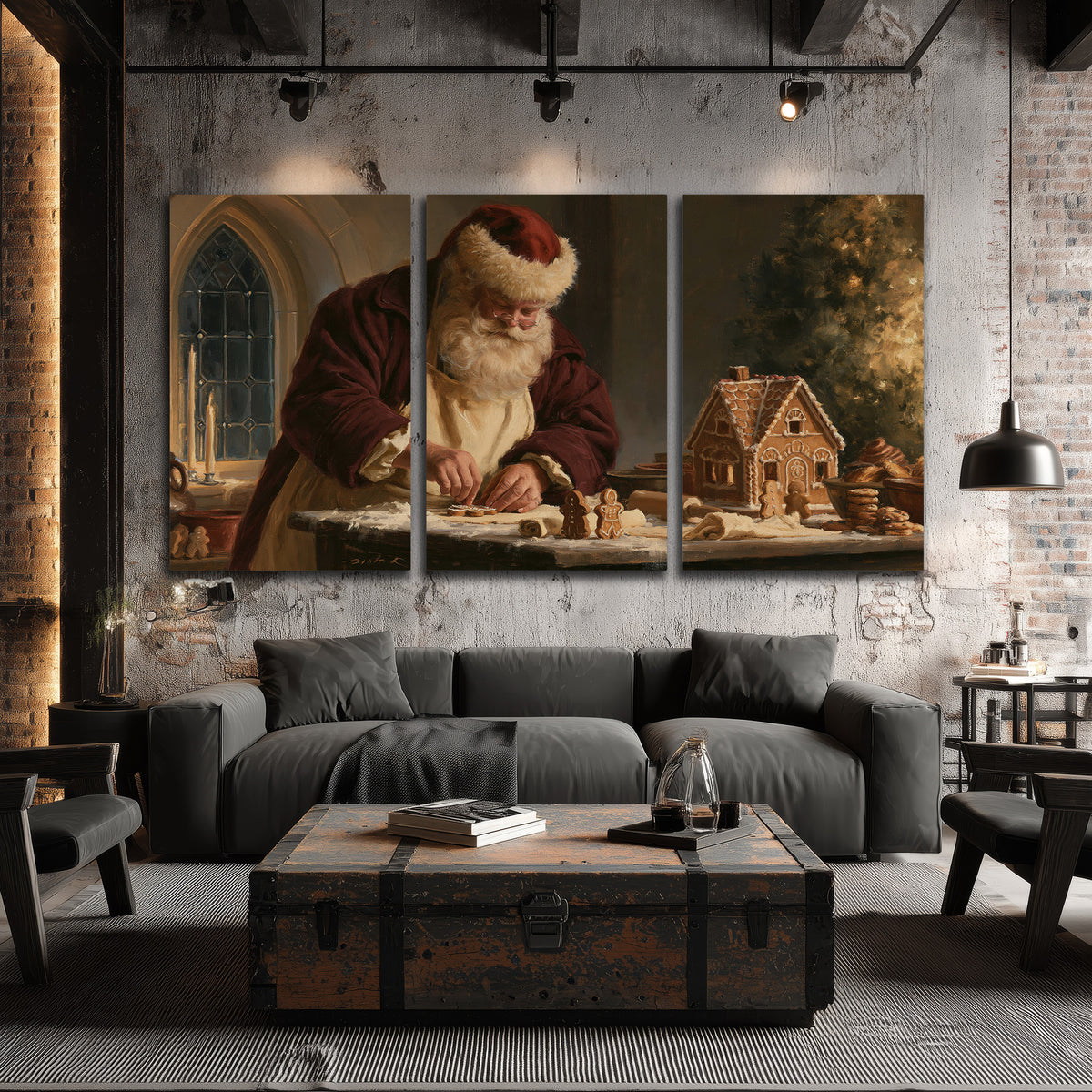 Santa shaping a gingerbread creation at a worktable beside a glowing Christmas tree 3 piece canvas wall art displayed in a industrial room