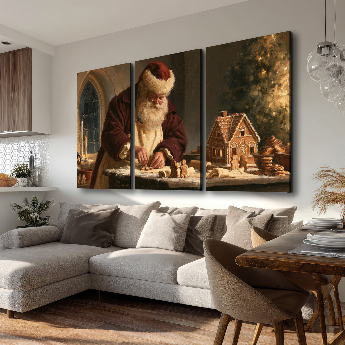Santa shaping a gingerbread creation at a worktable beside a glowing Christmas tree 3 piece canvas wall art room and product view