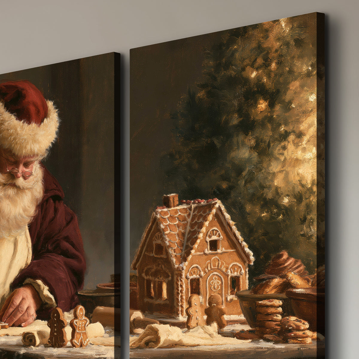 Santa shaping a gingerbread creation at a worktable beside a glowing Christmas tree 3 piece canvas wall art room and product view