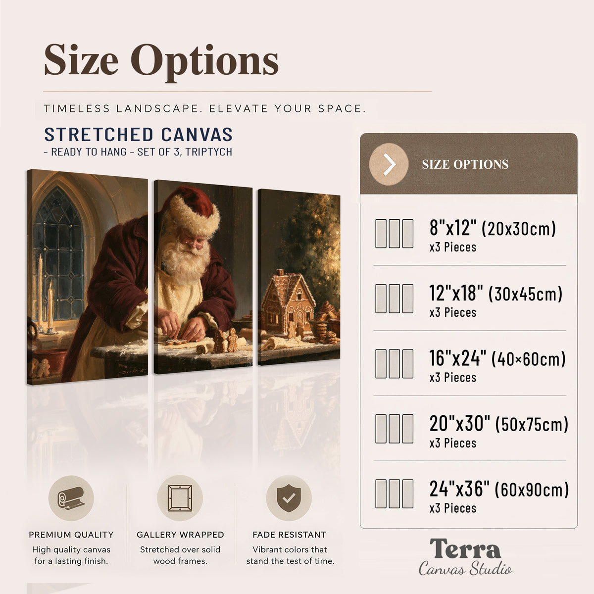 Santa shaping a gingerbread creation at a worktable beside a glowing Christmas tree 3 piece canvas wall art available dimensions; triptych dimensions are per panel