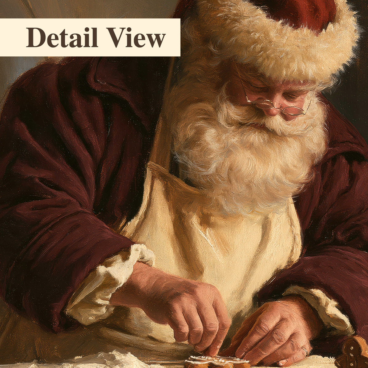 Santa shaping a gingerbread creation at a worktable beside a glowing Christmas tree 3 piece canvas wall art artwork detail close up