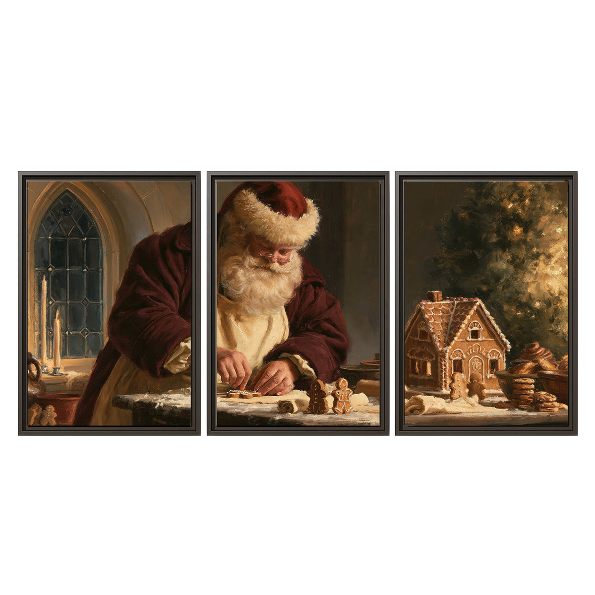 Santa shaping a gingerbread creation at a worktable beside a glowing Christmas tree 3 piece framed canvas wall art viewed straight on