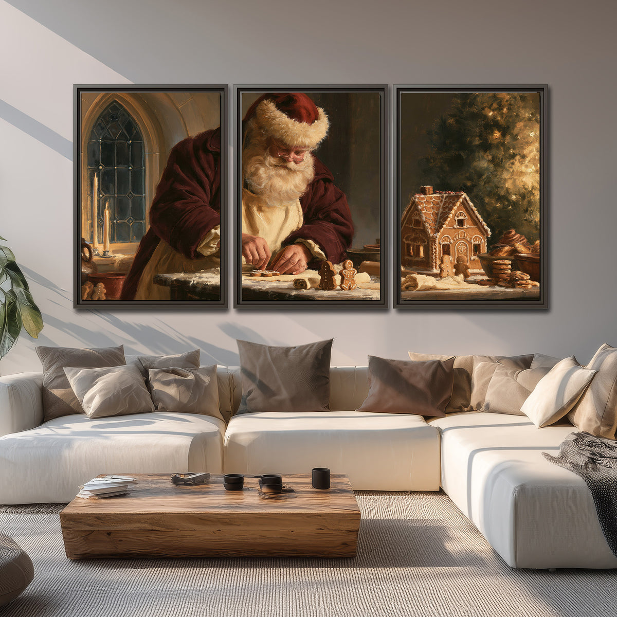 Santa shaping a gingerbread creation at a worktable beside a glowing Christmas tree 3 piece framed canvas wall art displayed in a living room