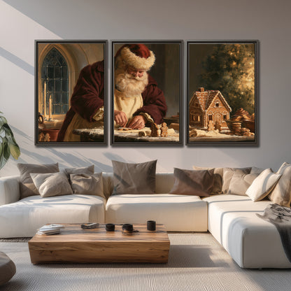 Santa shaping a gingerbread creation at a worktable beside a glowing Christmas tree 3 piece framed canvas wall art displayed in a living room