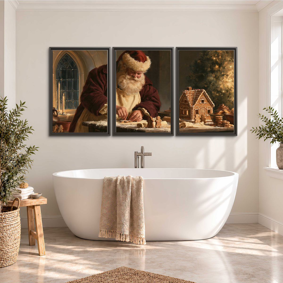 Santa shaping a gingerbread creation at a worktable beside a glowing Christmas tree 3 piece framed canvas wall art styled in an interior