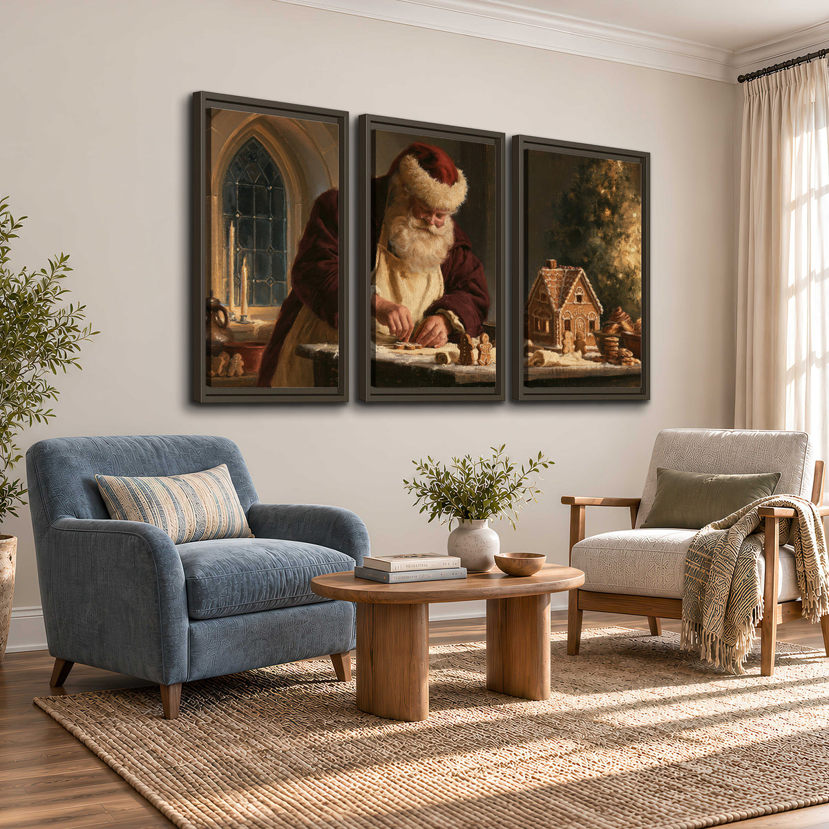 Santa shaping a gingerbread creation at a worktable beside a glowing Christmas tree 3 piece framed canvas wall art styled in an interior