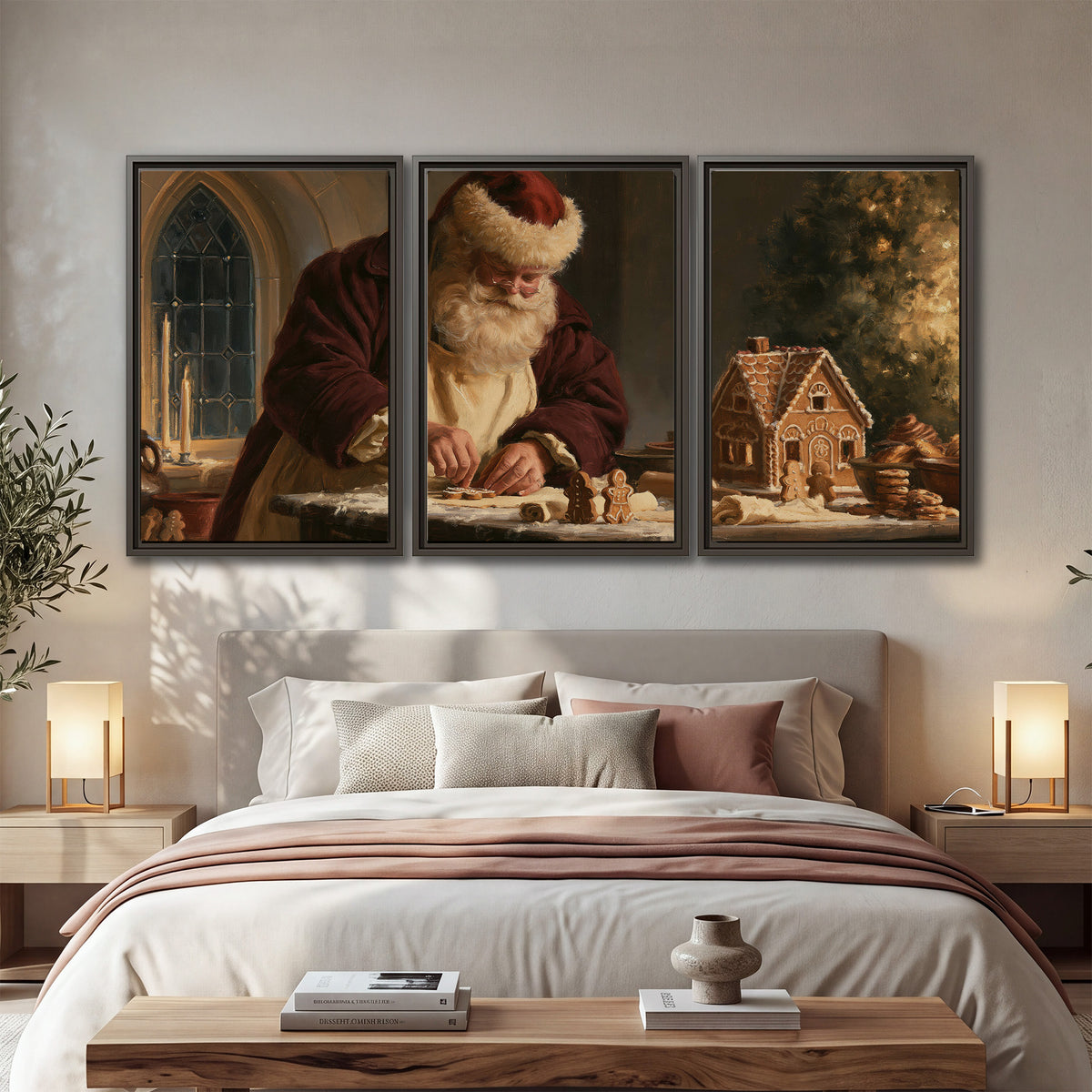 Santa shaping a gingerbread creation at a worktable beside a glowing Christmas tree 3 piece framed canvas wall art displayed in a bedroom