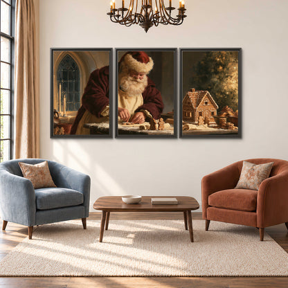 Santa shaping a gingerbread creation at a worktable beside a glowing Christmas tree 3 piece framed canvas wall art styled in an interior