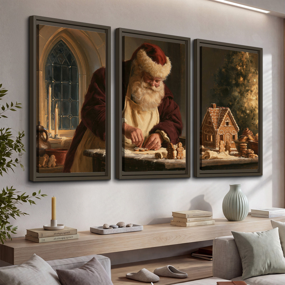 Santa shaping a gingerbread creation at a worktable beside a glowing Christmas tree 3 piece framed canvas wall art displayed in a console
