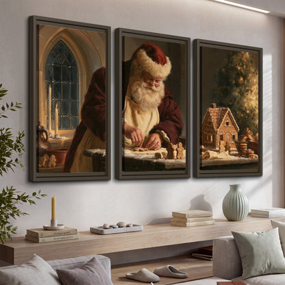 Santa shaping a gingerbread creation at a worktable beside a glowing Christmas tree 3 piece framed canvas wall art displayed in a console