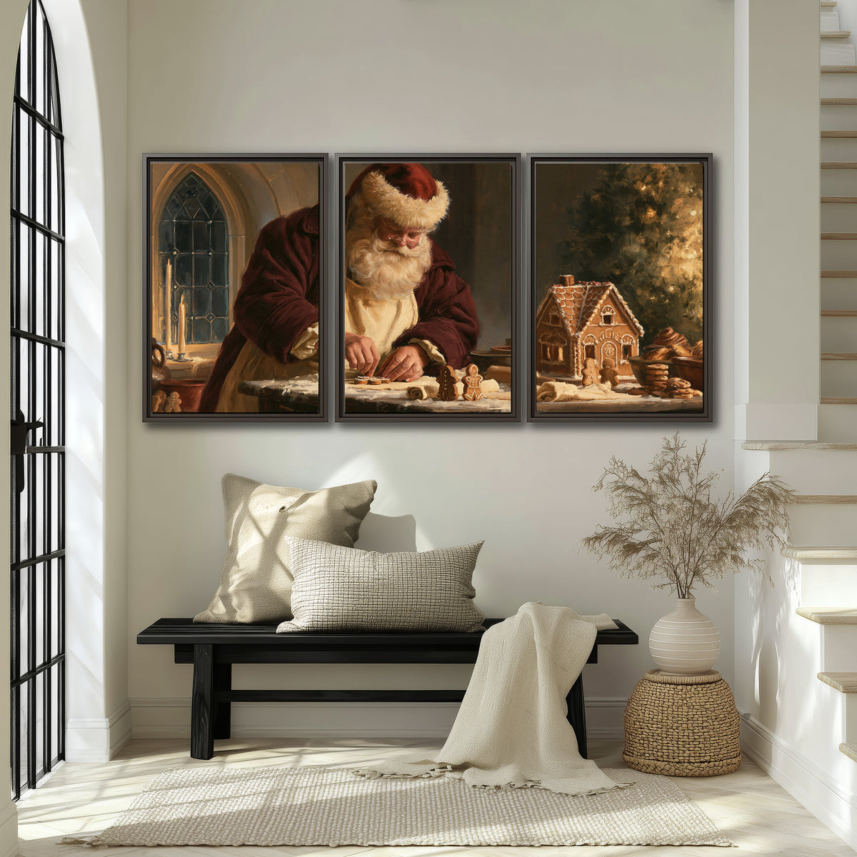 Santa shaping a gingerbread creation at a worktable beside a glowing Christmas tree 3 piece framed canvas wall art displayed in a entryway