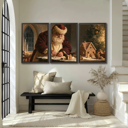 Santa shaping a gingerbread creation at a worktable beside a glowing Christmas tree 3 piece framed canvas wall art displayed in a entryway