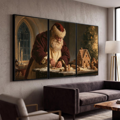 Santa shaping a gingerbread creation at a worktable beside a glowing Christmas tree 3 piece framed canvas wall art displayed in a modern living room