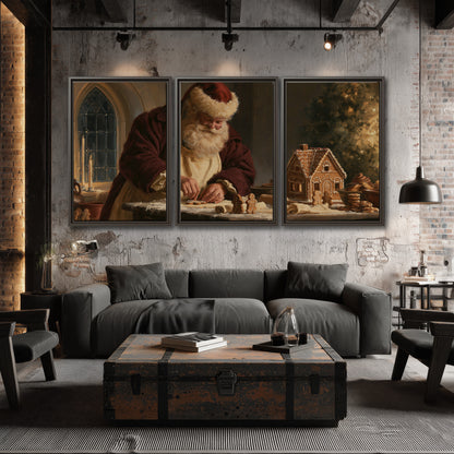 Santa shaping a gingerbread creation at a worktable beside a glowing Christmas tree 3 piece framed canvas wall art displayed in a industrial room