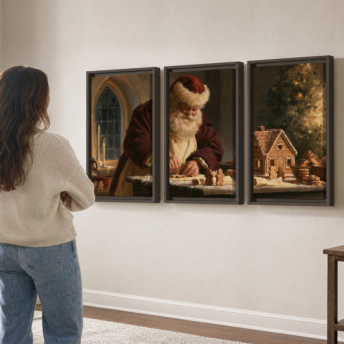 Santa shaping a gingerbread creation at a worktable beside a glowing Christmas tree 3 piece framed canvas wall art three panel arrangement on a wall