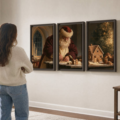 Santa shaping a gingerbread creation at a worktable beside a glowing Christmas tree 3 piece framed canvas wall art three panel arrangement on a wall