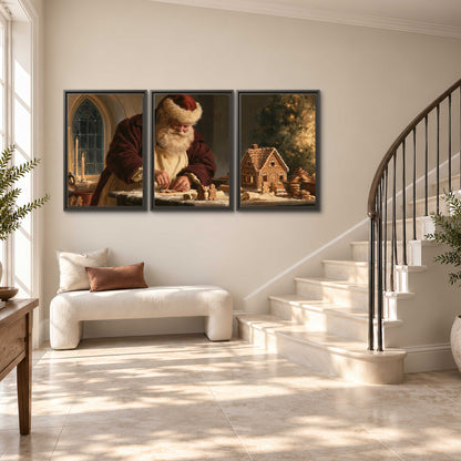Santa shaping a gingerbread creation at a worktable beside a glowing Christmas tree 3 piece framed canvas wall art styled in an interior