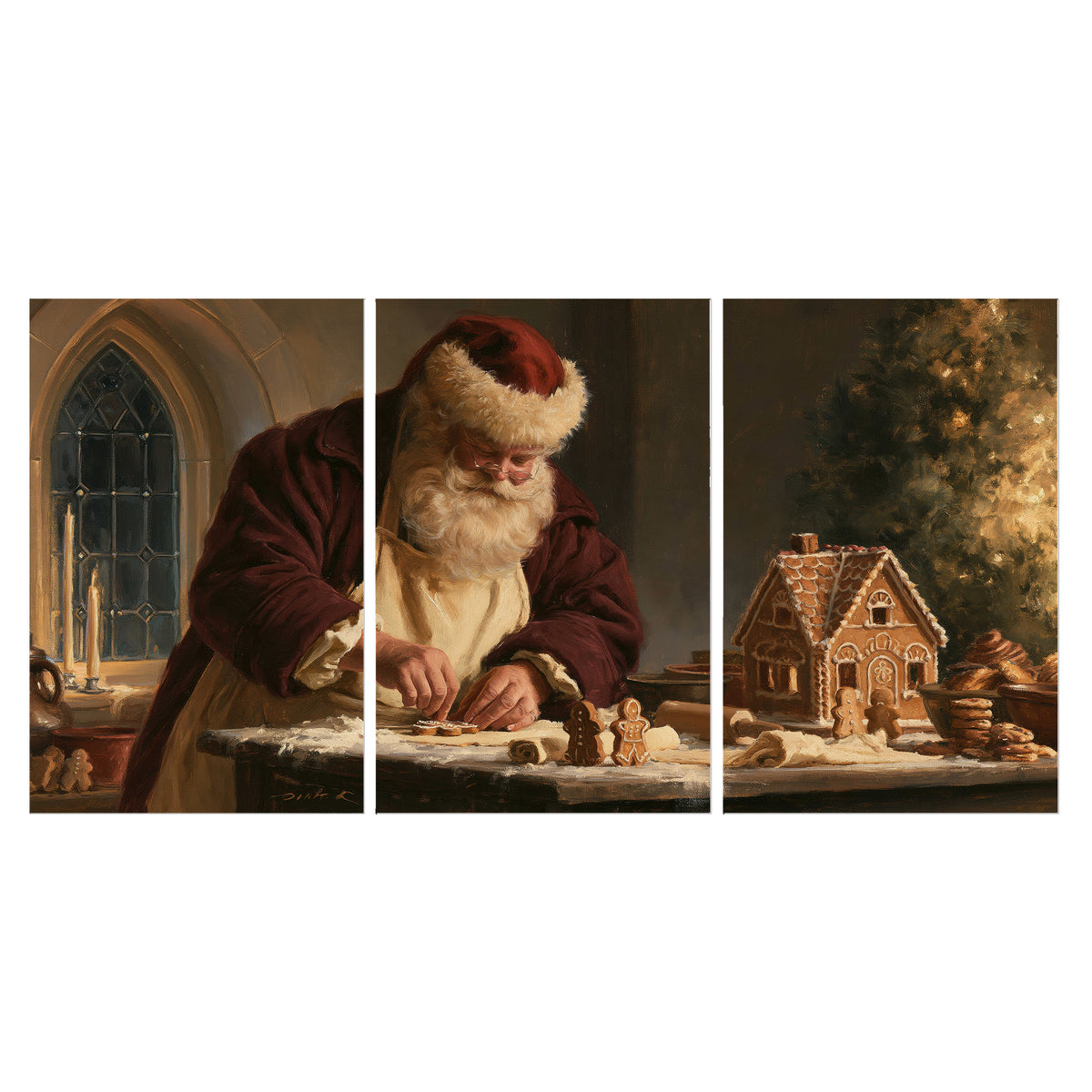 Santa shaping a gingerbread creation at a worktable beside a glowing Christmas tree set of 3 poster prints viewed straight on