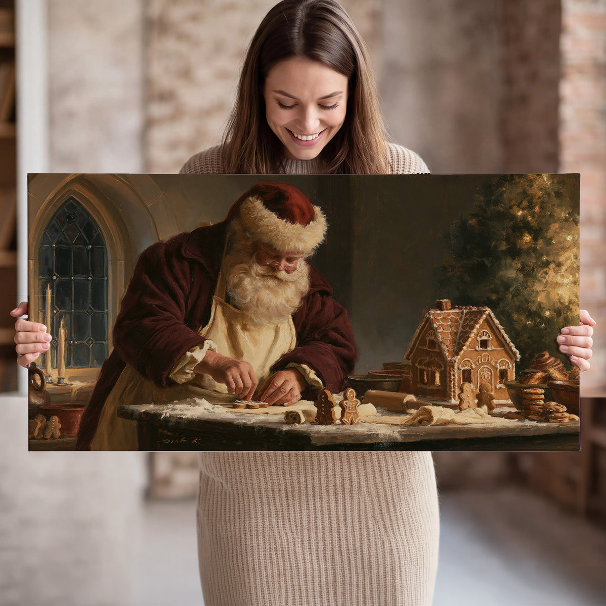 Santa shaping a gingerbread creation at a worktable beside a glowing Christmas tree single canvas wall art held in hands