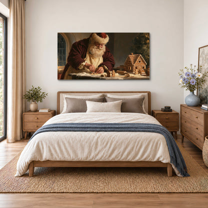 Santa shaping a gingerbread creation at a worktable beside a glowing Christmas tree single canvas wall art styled in an interior
