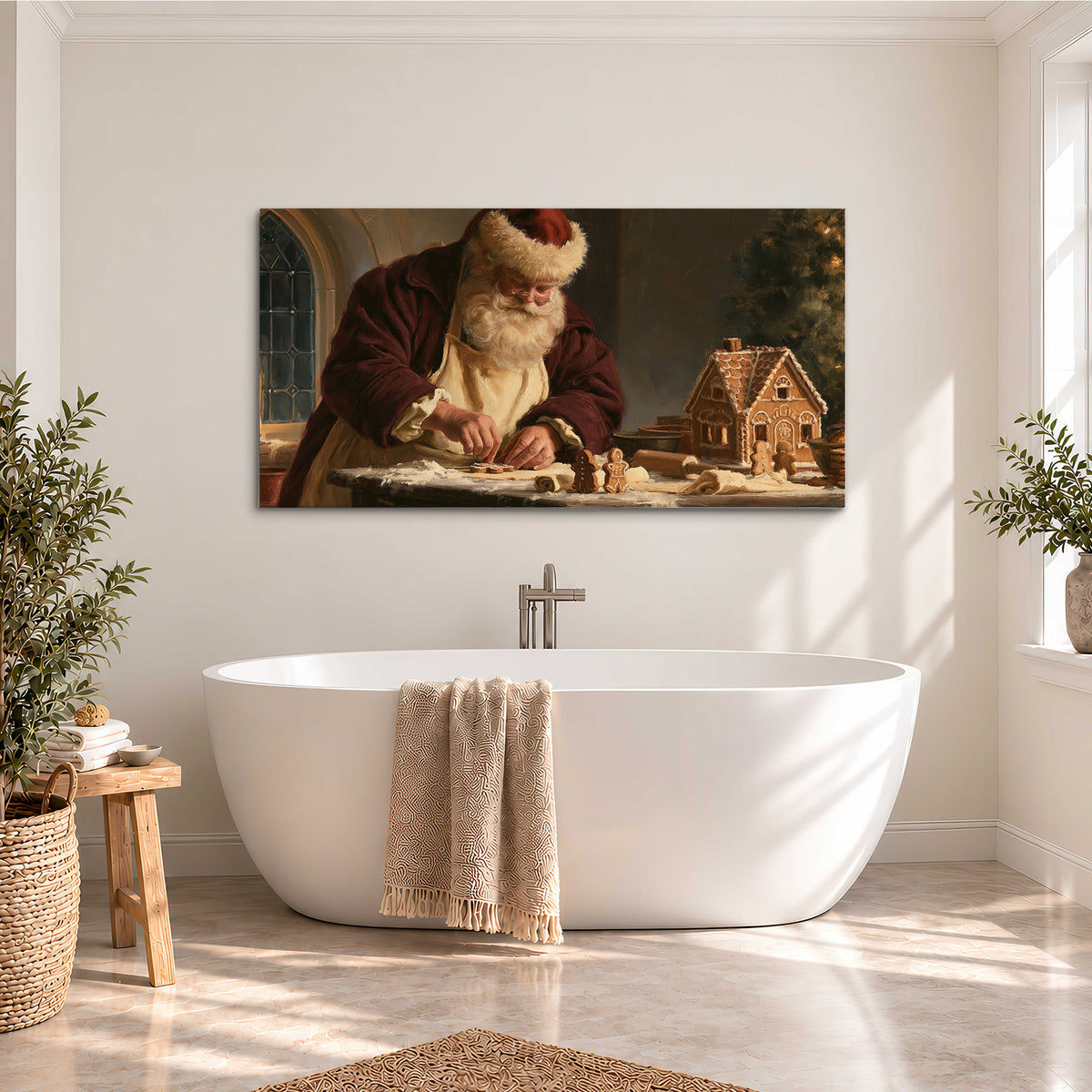 Santa shaping a gingerbread creation at a worktable beside a glowing Christmas tree single canvas wall art styled in an interior