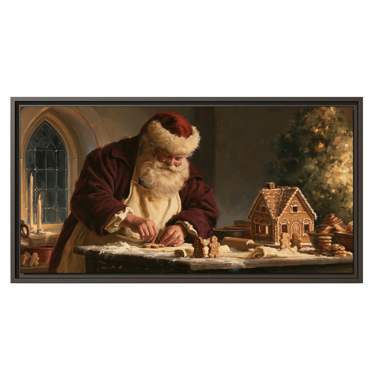 Santa shaping a gingerbread creation at a worktable beside a glowing Christmas tree single framed canvas wall art viewed straight on