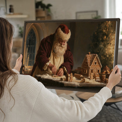 Santa shaping a gingerbread creation at a worktable beside a glowing Christmas tree single framed canvas wall art held in hands