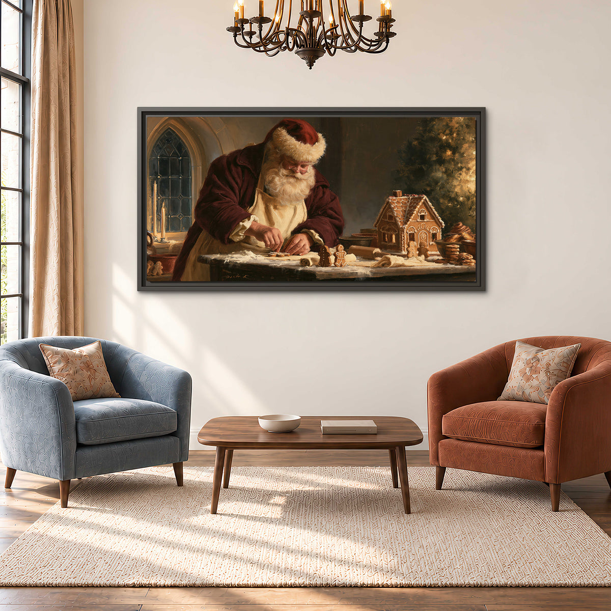 Santa shaping a gingerbread creation at a worktable beside a glowing Christmas tree single framed canvas wall art styled in an interior
