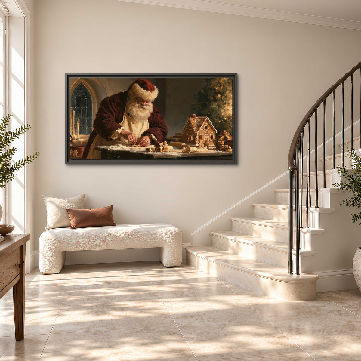 Santa shaping a gingerbread creation at a worktable beside a glowing Christmas tree single framed canvas wall art styled in an interior