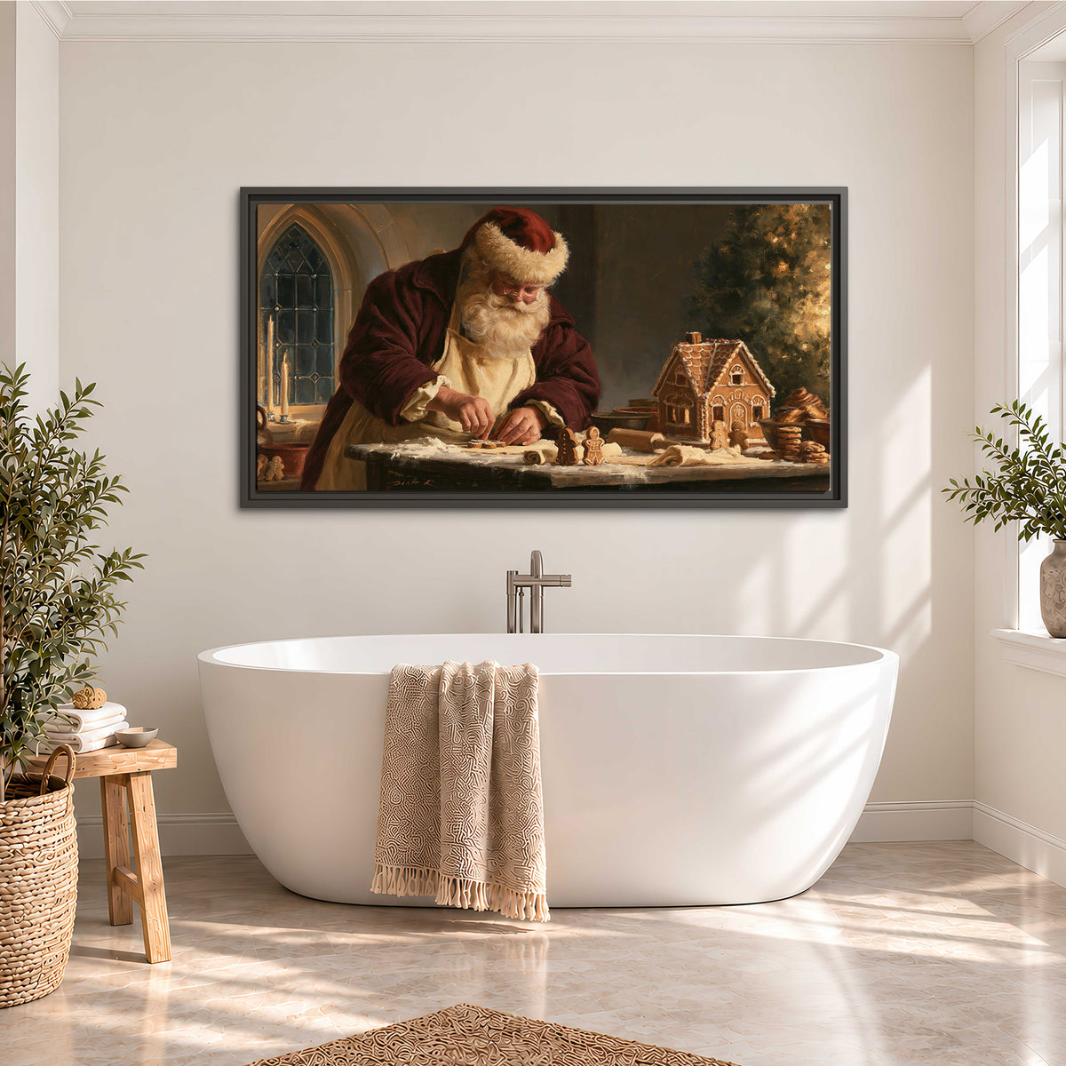 Santa shaping a gingerbread creation at a worktable beside a glowing Christmas tree single framed canvas wall art styled in an interior