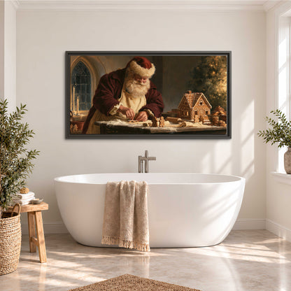 Santa shaping a gingerbread creation at a worktable beside a glowing Christmas tree single framed canvas wall art styled in an interior