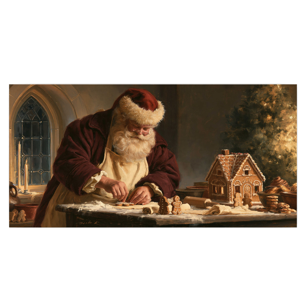 Santa shaping a gingerbread creation at a worktable beside a glowing Christmas tree single poster print viewed straight on