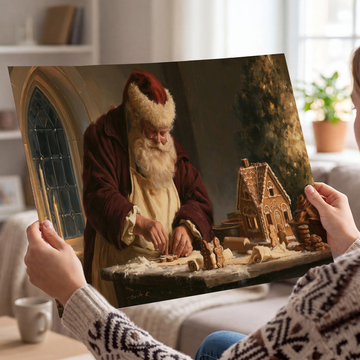 Santa shaping a gingerbread creation at a worktable beside a glowing Christmas tree single poster print held in hands