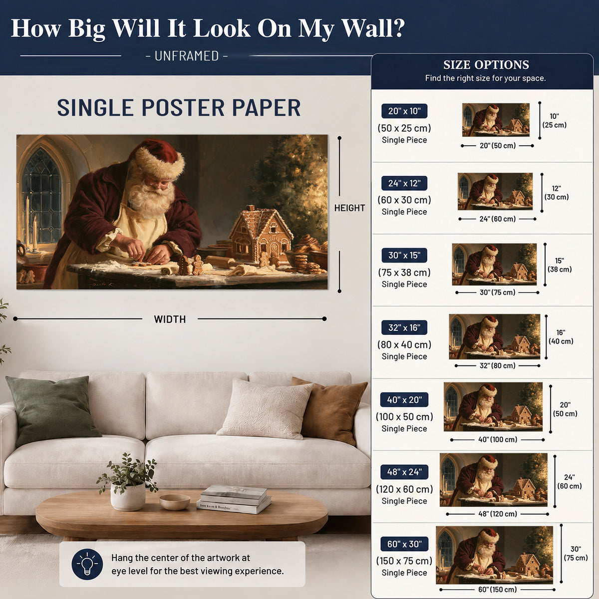 Santa shaping a gingerbread creation at a worktable beside a glowing Christmas tree single poster print size guide above a sofa; room view is illustrative