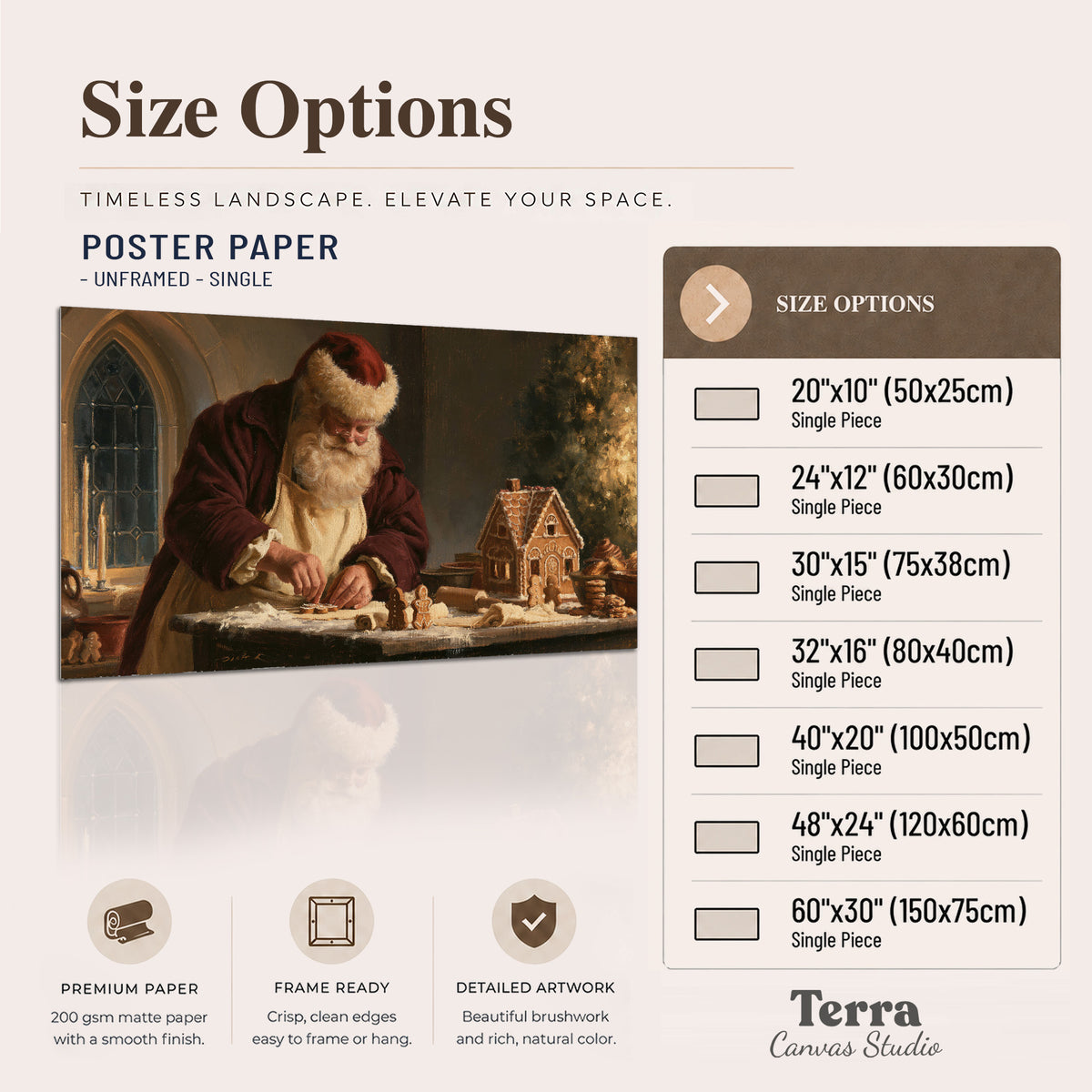 Santa shaping a gingerbread creation at a worktable beside a glowing Christmas tree single poster print available dimensions