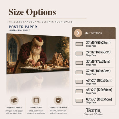Santa shaping a gingerbread creation at a worktable beside a glowing Christmas tree single poster print available dimensions