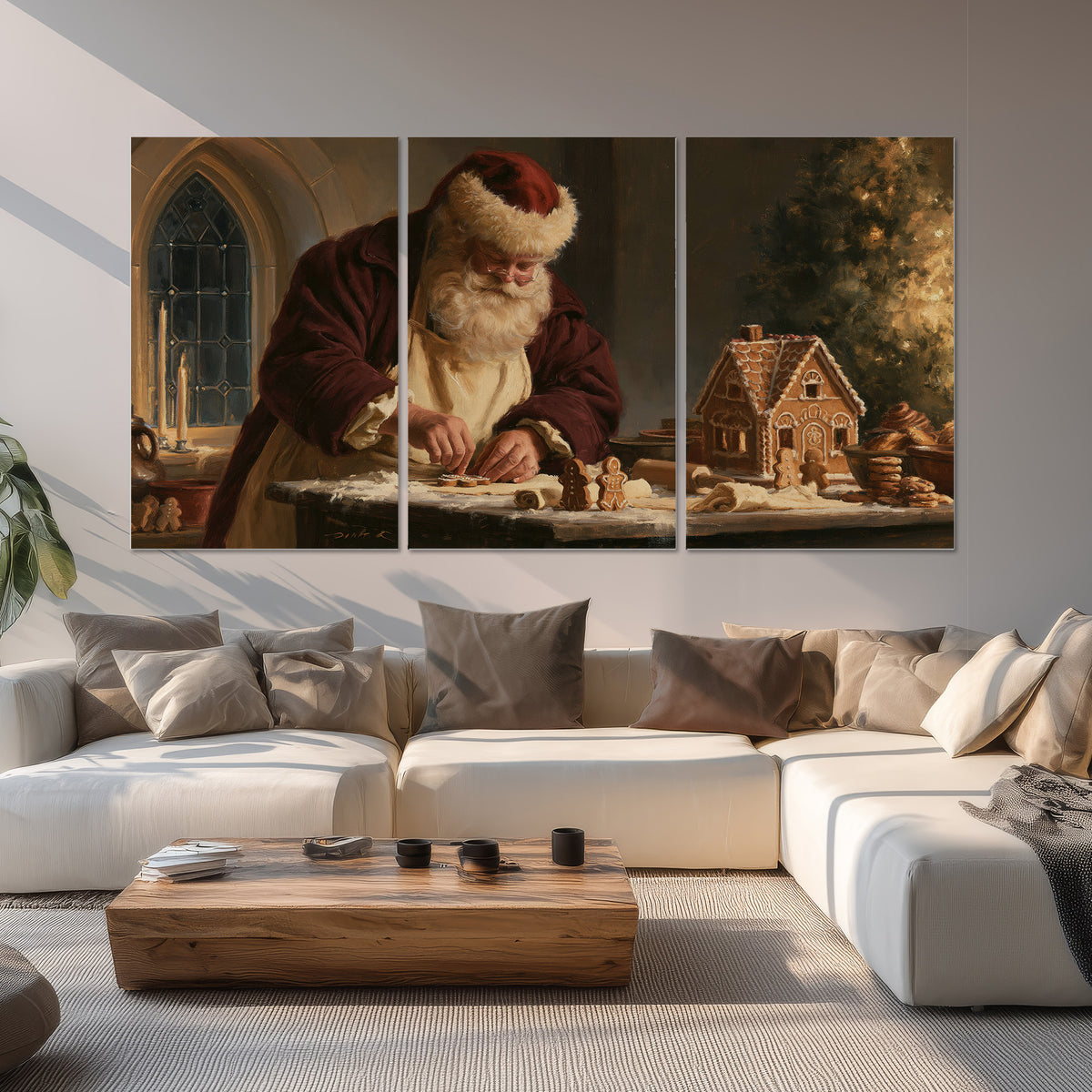 Santa shaping a gingerbread creation at a worktable beside a glowing Christmas tree set of 3 poster prints displayed in a living room