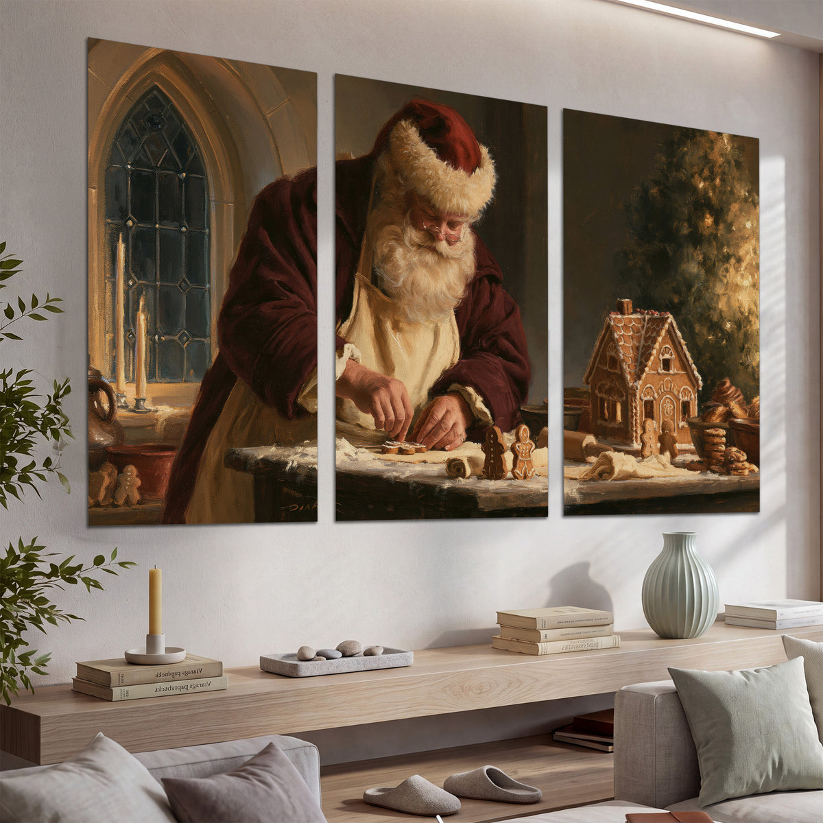 Santa shaping a gingerbread creation at a worktable beside a glowing Christmas tree set of 3 poster prints displayed in a console