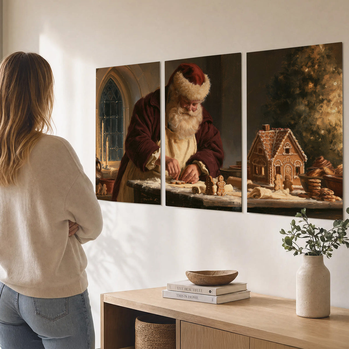 Santa shaping a gingerbread creation at a worktable beside a glowing Christmas tree set of 3 poster prints three panel arrangement on a wall