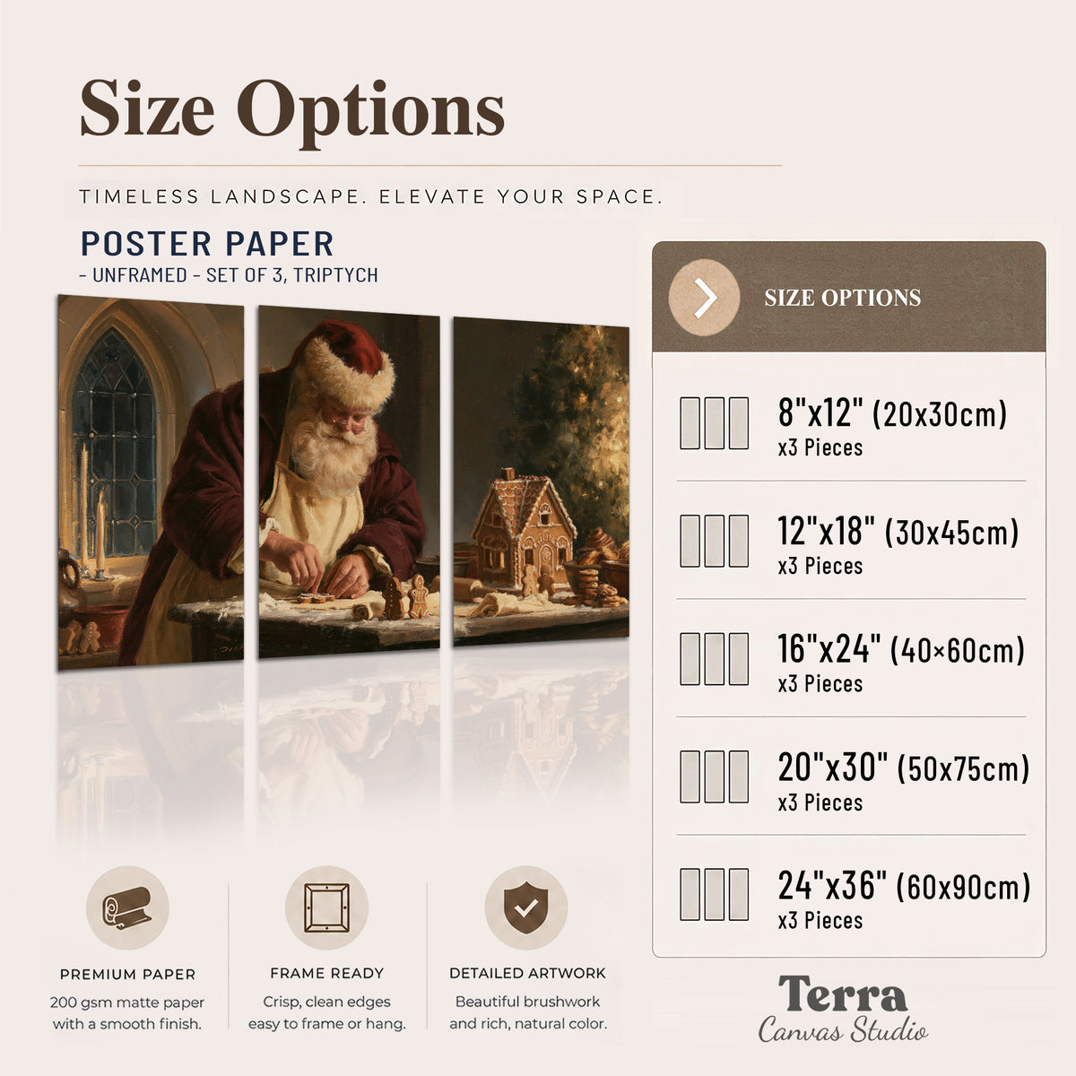 Santa shaping a gingerbread creation at a worktable beside a glowing Christmas tree set of 3 poster prints available dimensions; triptych dimensions are per panel