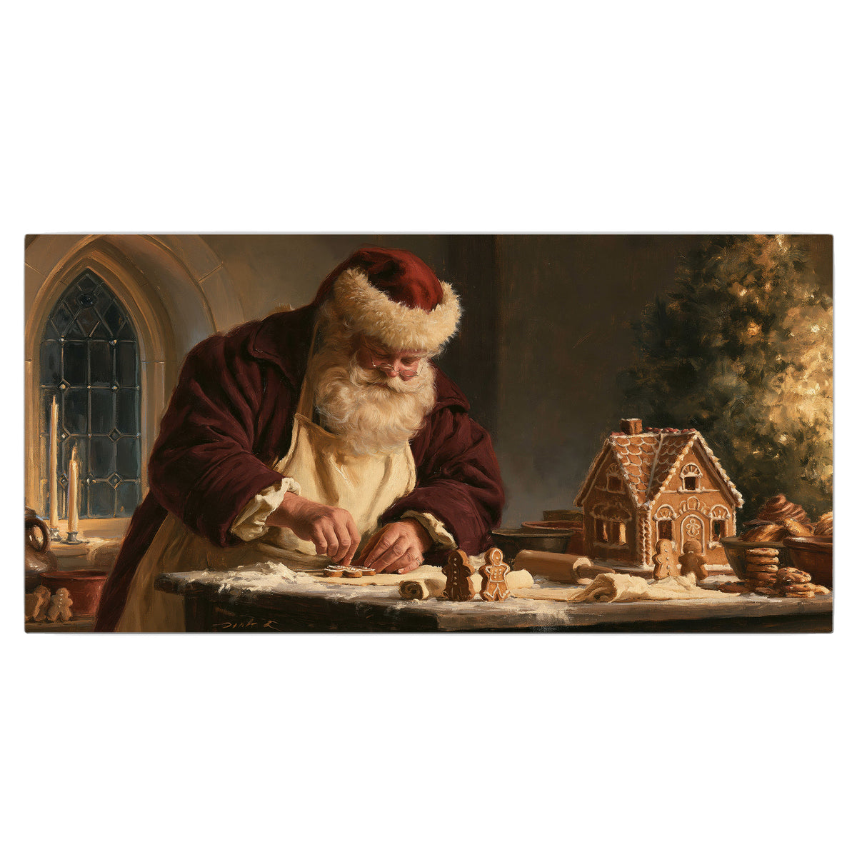Santa shaping a gingerbread creation at a worktable beside a glowing Christmas tree single canvas wall art viewed straight on
