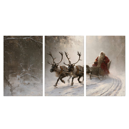 Santa riding a reindeer-drawn sleigh along a winding snowy woodland path 3 piece canvas wall art viewed straight on