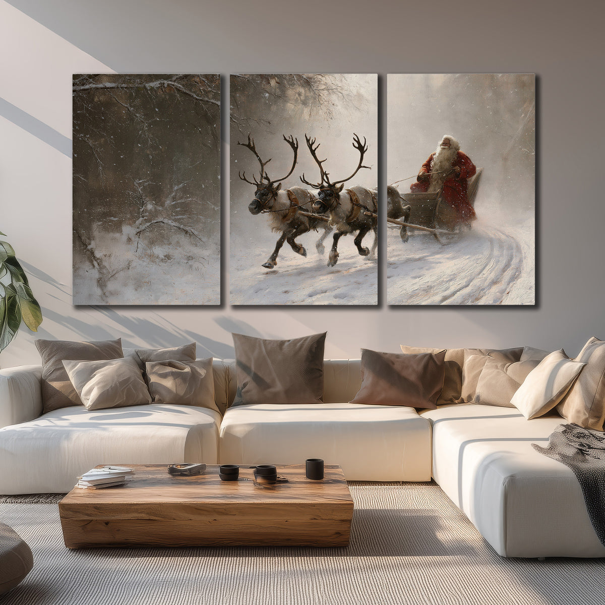 Santa riding a reindeer-drawn sleigh along a winding snowy woodland path 3 piece canvas wall art displayed in a living room