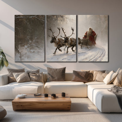 Santa riding a reindeer-drawn sleigh along a winding snowy woodland path 3 piece canvas wall art displayed in a living room