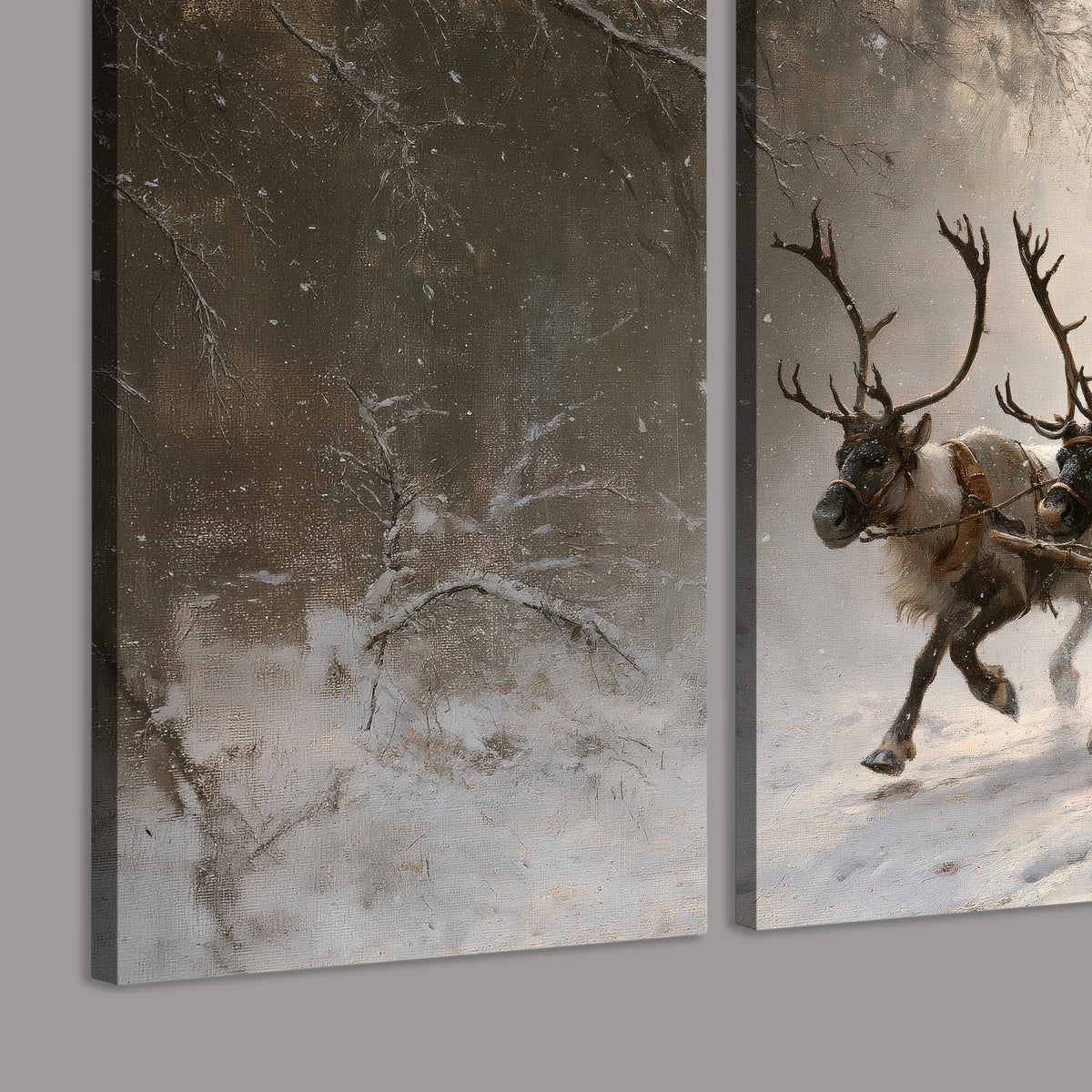 Santa riding a reindeer-drawn sleigh along a winding snowy woodland path 3 piece canvas wall art room and product view